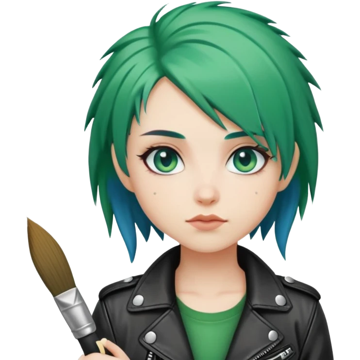 Punk-girl with green hair and blue eyes in leather jacket with brush  emoji
