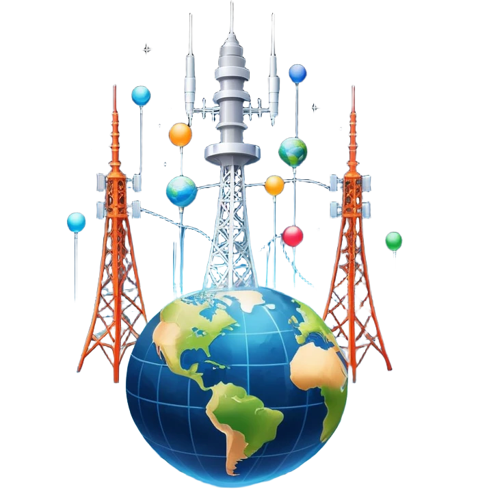 An icon featuring a communication tower with signal waves, satellites in orbit, and fiber optic cables. The design includes a smartphone and an earth with connection lines, symbolizing global communication networks. Transparent background  emoji