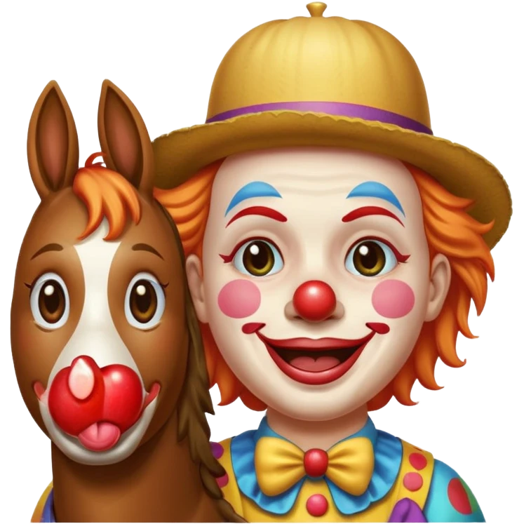a crying but smiling and showing a peace sign clown face riding a horse, make it native to apple emoji style, the horse and the clown both emoji should match apple's style. emoji