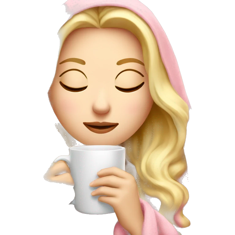 blonde white girl inside a pink blanket sipping coffee eyes closed emoji