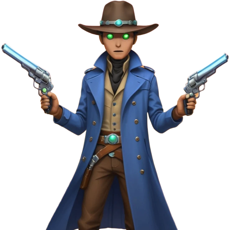A tall alien cowboy standing in a dusty desert on an alien planet, wearing a futuristic cowboy hat and long trench coat, glowing eyes, twin plasma revolvers on his belt, dramatic sunset, cinematic lighting, ultra realistic, high detail, epic sci-fi western atmosphere

 emoji