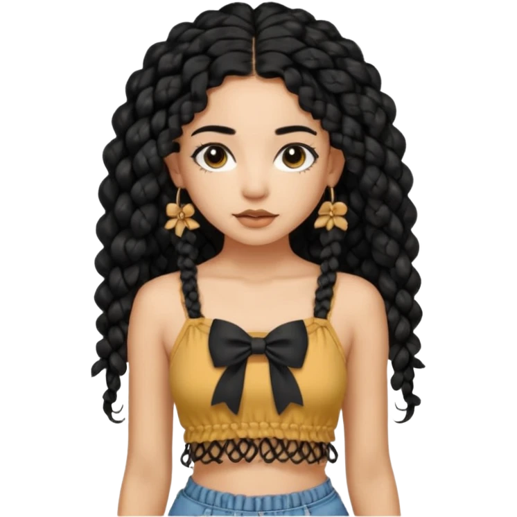 Girl with long black hair curly knotless boho braids mixed girl crop top with a bow on the crop top emoji