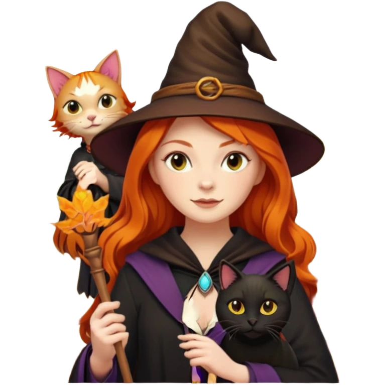 ginger witch with a black cat familiar, holding a wand, surrounded by autumn leaves emoji