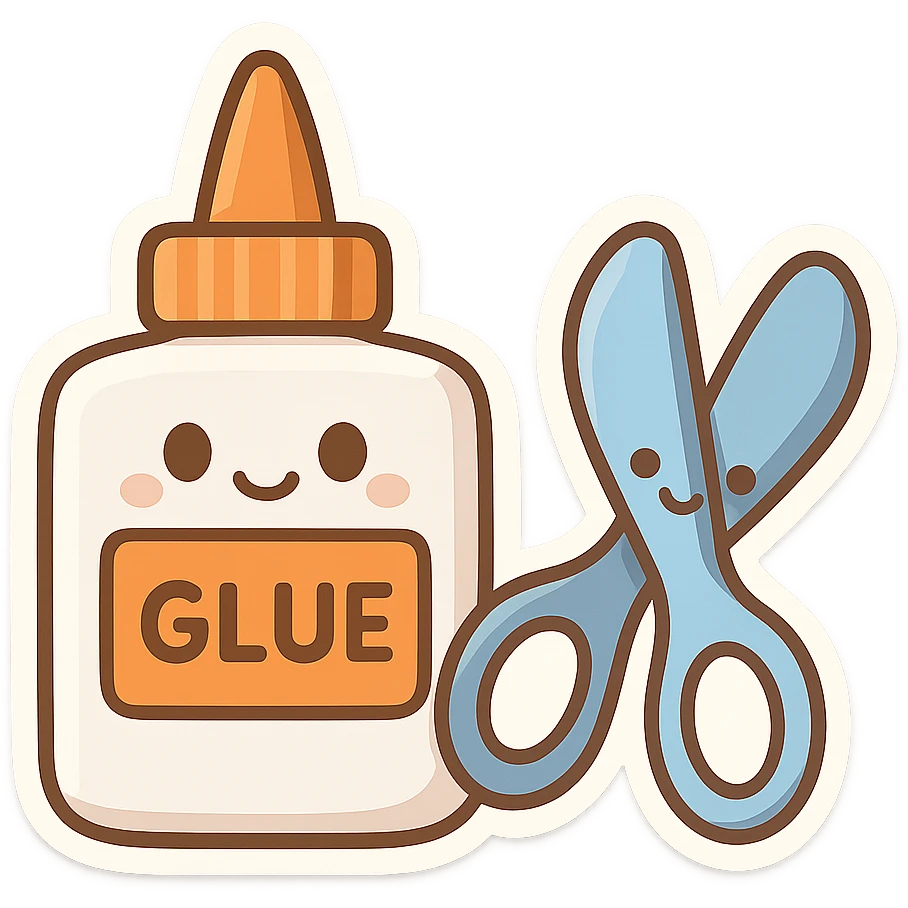 bottle of glue with orange label and tip and a pair of blue scissors, flat toon vector illustration emoji