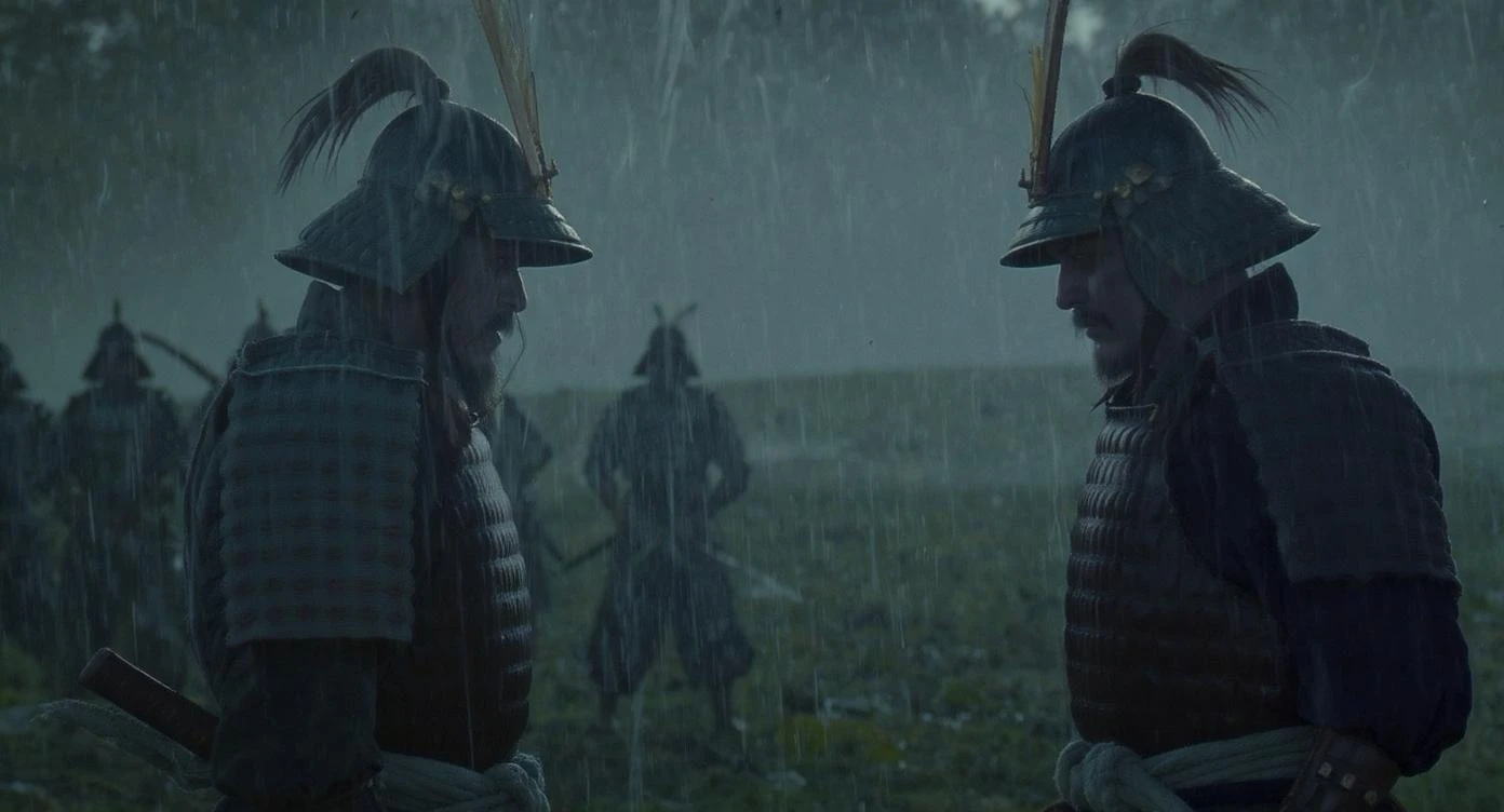A cinematic scane from 1185, Wide shot of a two japan samurai face to face ready to fight during rain, deph composition, tense atmosphere, captured by by arri alexa, film directed by wes anderson emoji