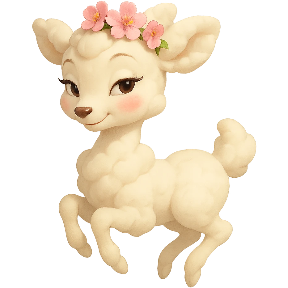 elegant feminine vanilla cloud doe with rosy cheeks and cherry flowers on its head, floating gracefully, Pixar art style, confident charming subtly alluring tasteful family-friendly social media brand mascot emoji