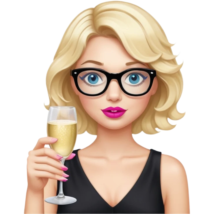Blonde woman with short wavy hair, blue eyes and pink lips wearing black glasses looking very drunk holding a champagne glass  emoji