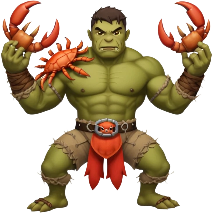 orc male flexing with giant crab. Torn net shorts, claw trophy belt emoji