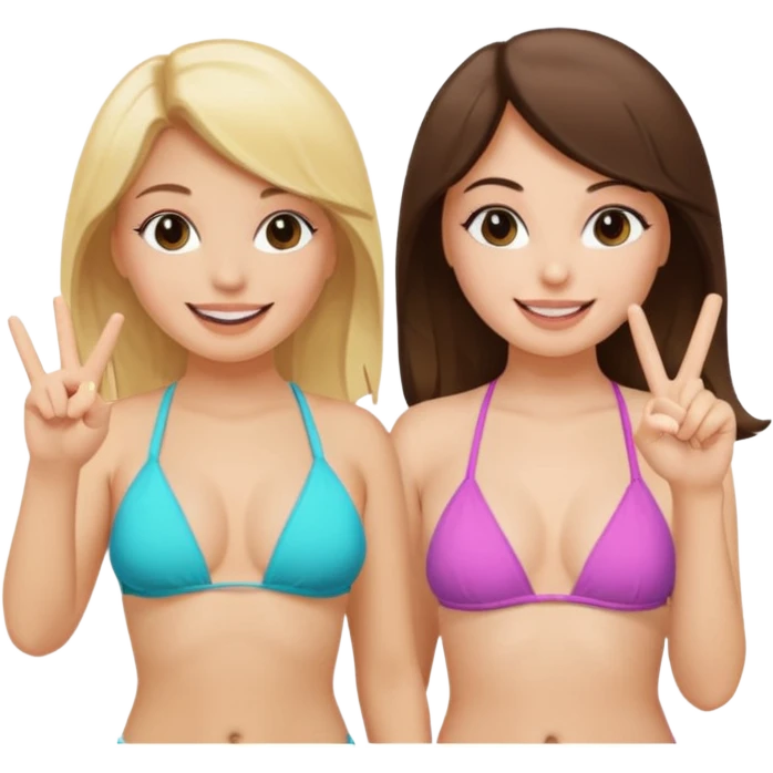 Blonde popular girl making a peace sign with her hand and wear a bikini and have her be with a brunette friend emoji