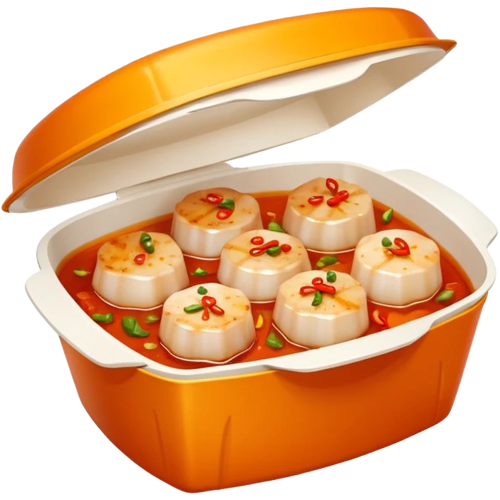 Scallops in spicy sauce takeout Chinese dish in takeout container emoji