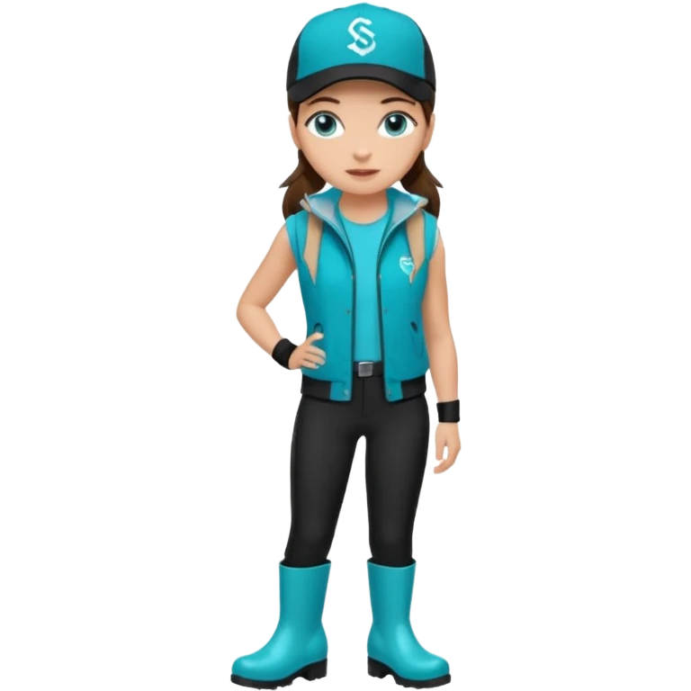 A landscaper in a beautiful turquoise jacket and turquoise rubber boots, black pants, and a black sleeveless shirt. On her head is a black color Swissotel baseball cap. The girl is a brunette with blue eyes. emoji
