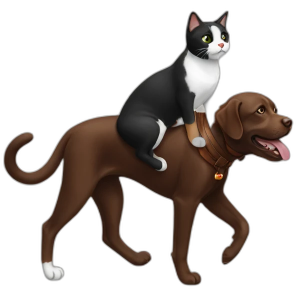 Black and white cat riding chocolate labrador emoji