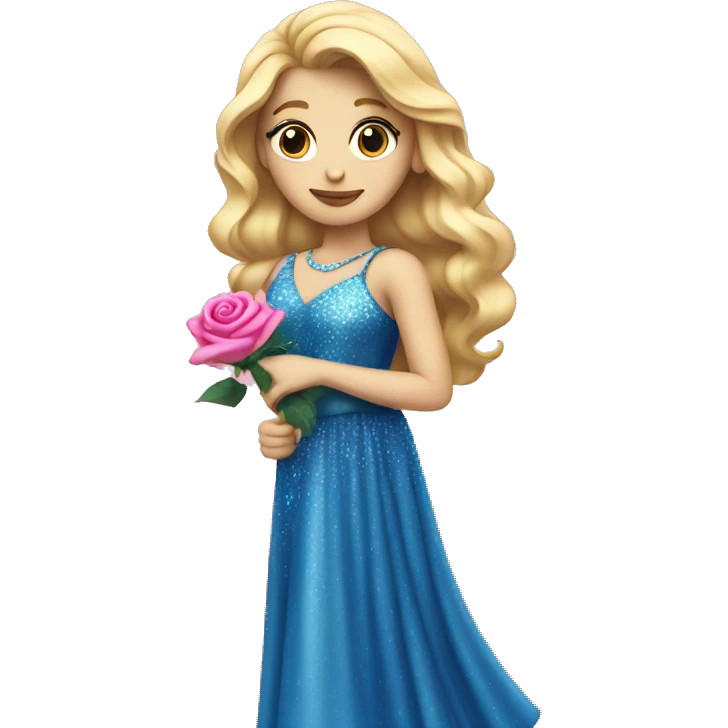 Blonde princess in a blue sparkly dress holding a pink rose emoji