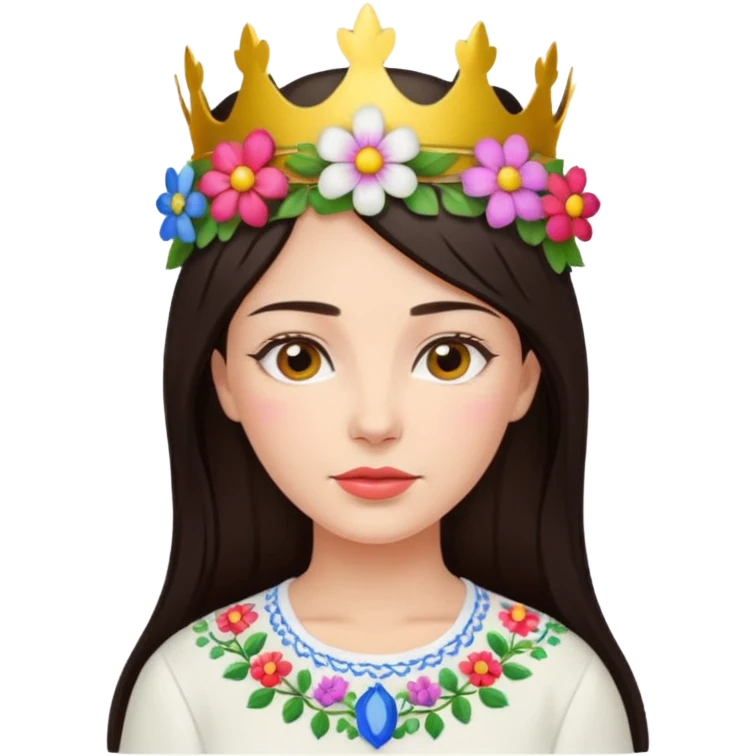 Ukrainian woman in a white embroidered shirt with dark hair and a crown of flowers on her head emoji