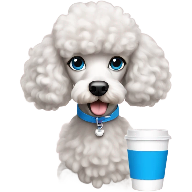 Poodle with blue eyes drinking coffee emoji
