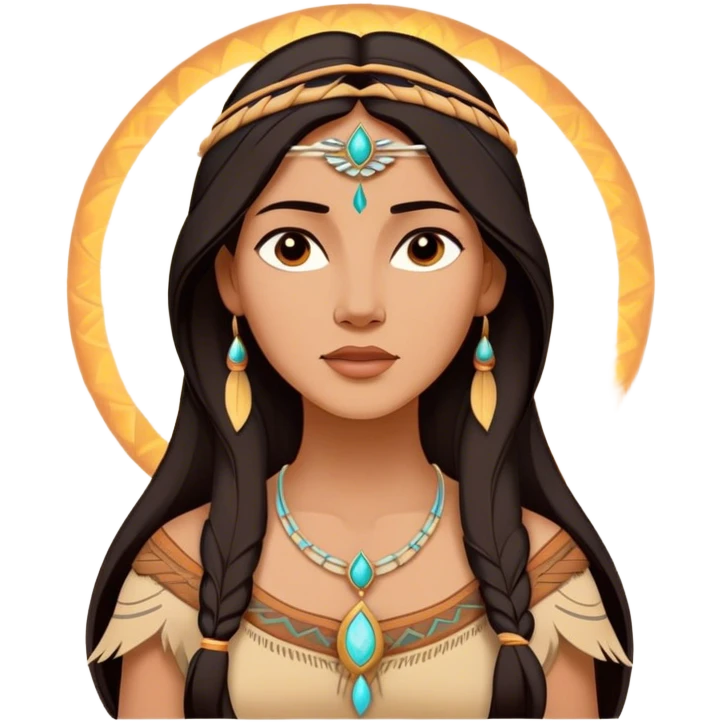 Cinematic Radiant Pocahontas Portrait Emoji, rendered in a vector-style with clean lines. Show Pocahontas with luminous, sun-kissed skin and flowing dark hair adorned with subtle natural ornaments, her expression calm and kind, dressed in simple traditional attire with earthy tones. The image glows softly with a warm, inviting radiance, enhanced by a soft glowing outline. emoji