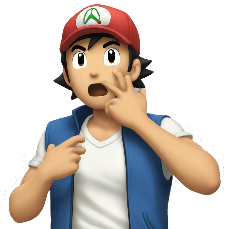  scene where a ash ketchum  puts his hands on his mouth, gesturing for silence with a 'shhhh.' What's happening around him? What might he be trying to convey or hide with that gesture emoji