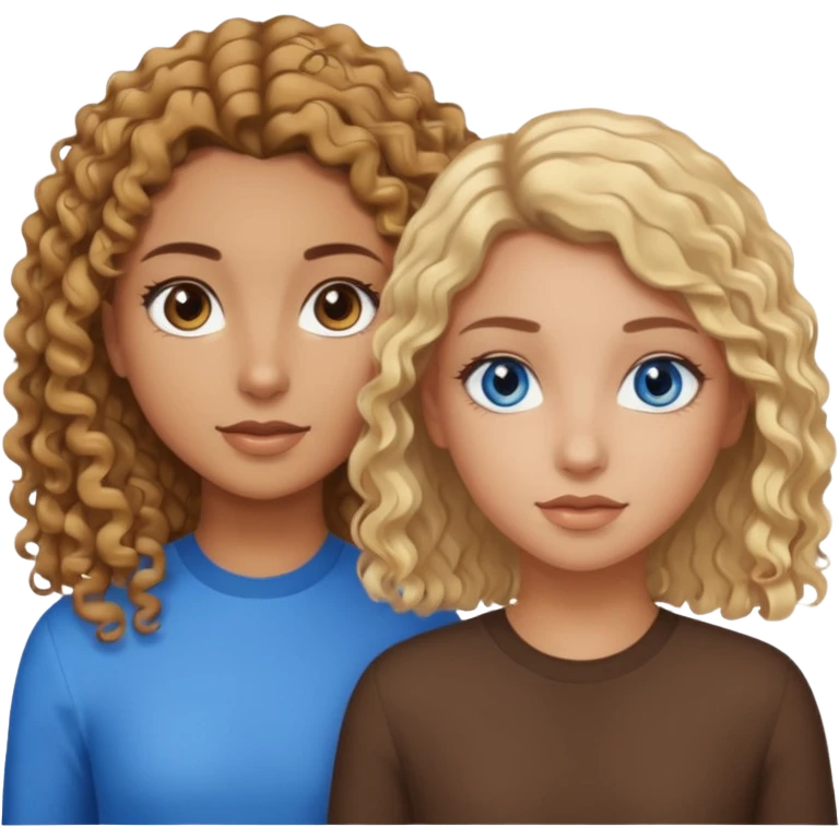 Tan girl with brown curly hair and brown eyes next to a tan girl with straight blonde hair and blue eyes emoji