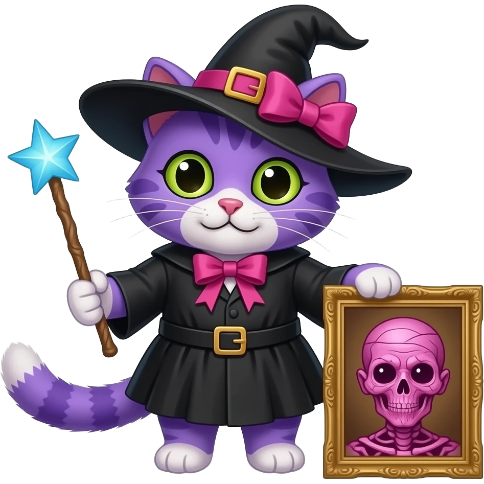 purple cat anthro with black witch costume pink ribbon holding a blue wand  pink mummified emoji