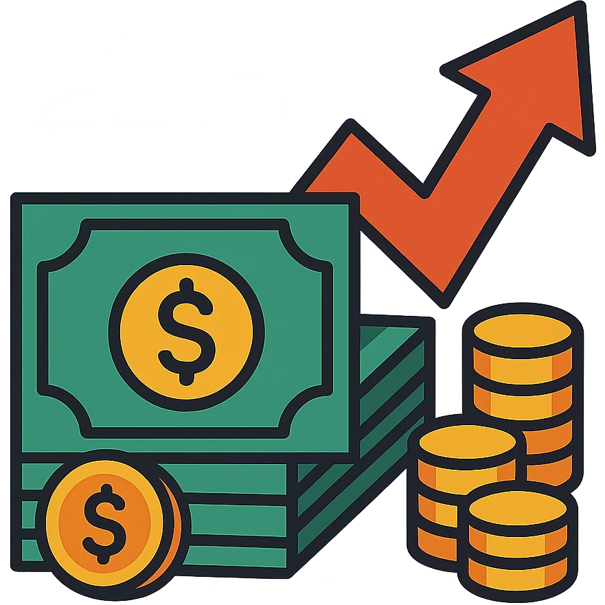 investment concept with upward arrow and money, with a different background emoji