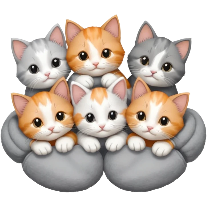 6 tiny kittens cuddling together all various different natural colours including solid grey with white mittens, grey and white, ginger and white, calico, and brown and white emoji
