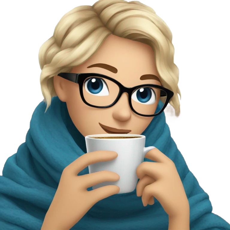 Balayage short hair Girl drinking coffee, with a cozy blanket wearing glasses with blue eyes beautiful  emoji