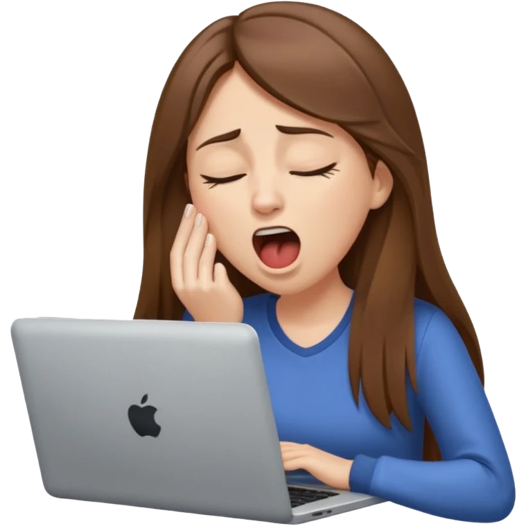 brown hair woman with long straighrt hair holding laptop and yawning from tiredness. looking tired emoji