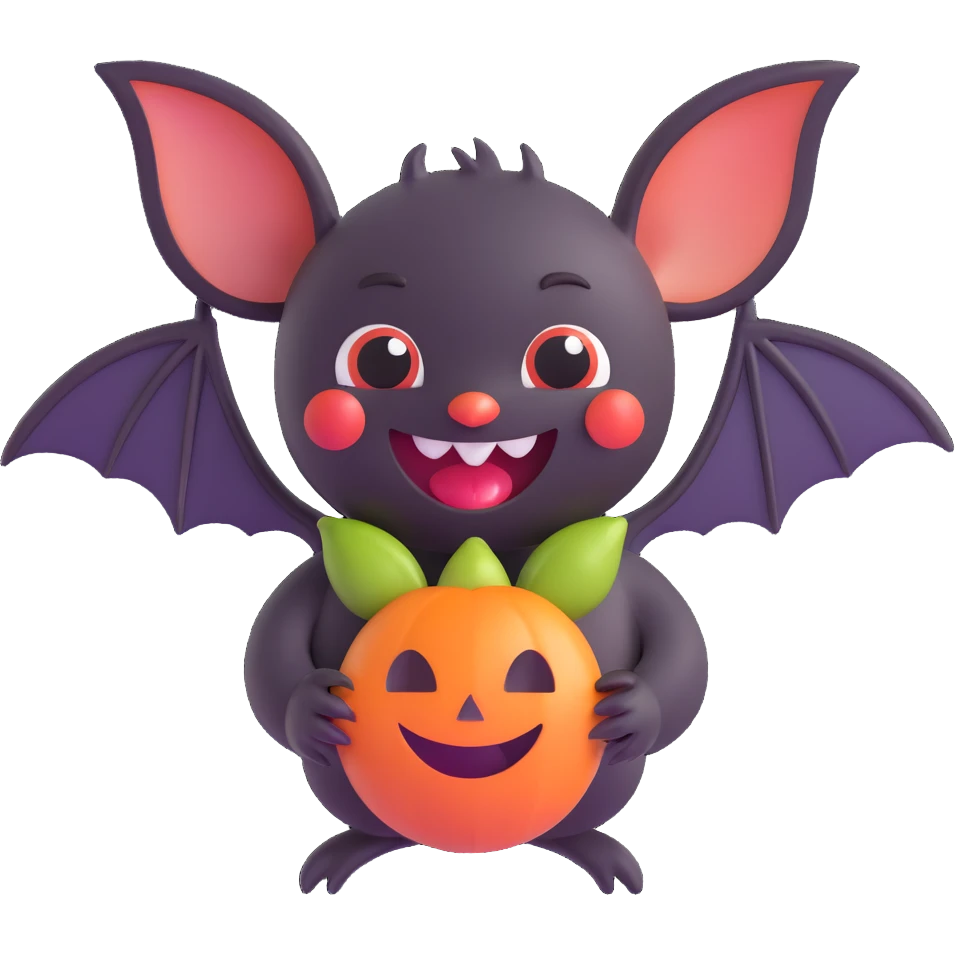 3D emoji style bat, smiling, holding a tiny fruit emoji