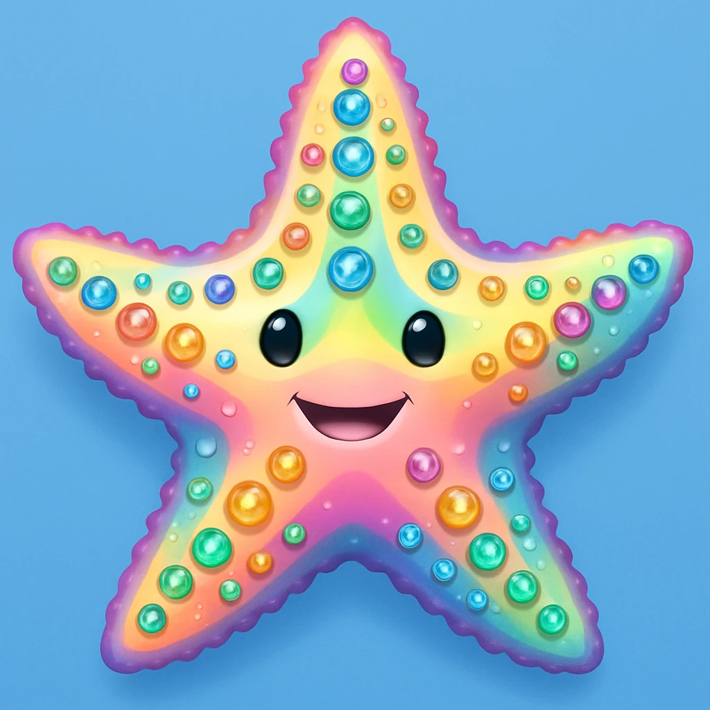 Add a soft blue background behind the apple emoji style rainbow pastel sea star with gems, keep the emoji style and all details. The style should resemble the original apple emoji style with rainbow pastel colors and gem details. emoji