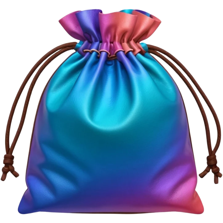 coins  pack in gradient of turquoise, blue, pink, purple, and coral color in leather brown bag emoji