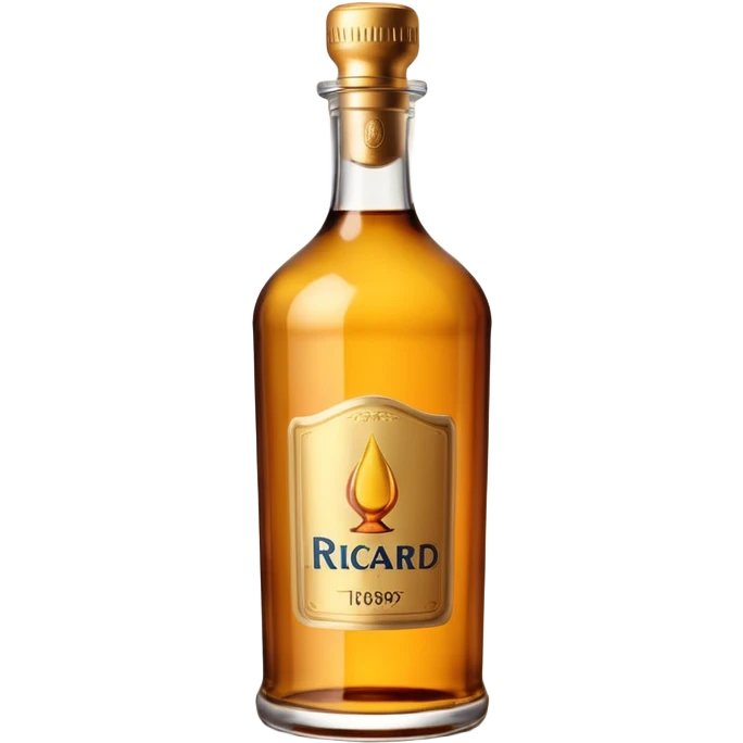 iconic tall Ricard bottle with broad shoulders and narrow base, amber-colored glass, short neck, metallic screw cap, warm golden-brown liquid inside, no label or text, distinctive silhouette, soft lighting, subtle shadows, transparent background, emoji scale emoji