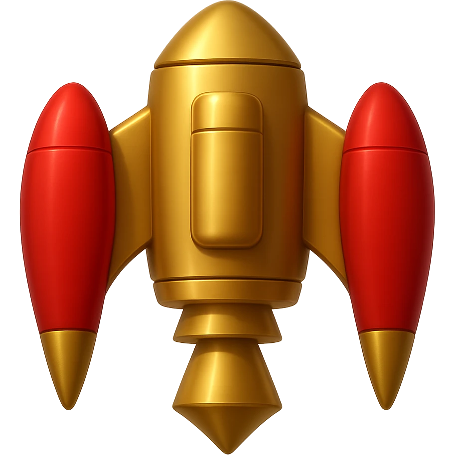 Create a back view of a gold ancient wide jetpack with very shoulder wide side rocket projectiles, no fire, with an apple style emoji look. The jetpack should have a clean, polished gold appearance. Remove the background. emoji