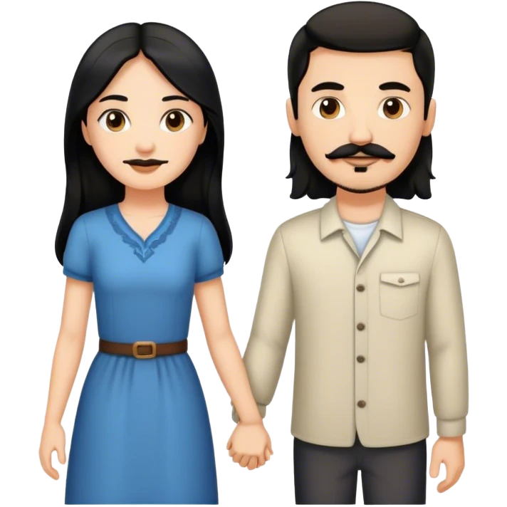 couple, a white girl with long black hair, holding hands with a white guy with short brown hair goatee mustache emoji