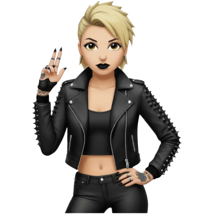 Give Rhea Ripley a spiked jacket and long black pants with black lipstick and sleeve tattoos emoji