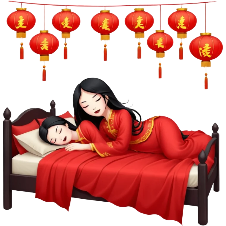 Chinese sleep demon, floating above a bed, with Chinese lanterns emoji
