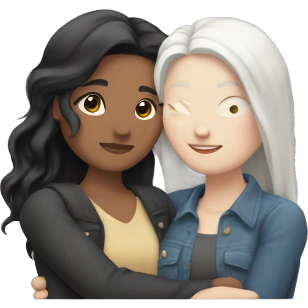 A lesbian couple that both have white skin and long black hair are hugging intimately, and romantically. emoji