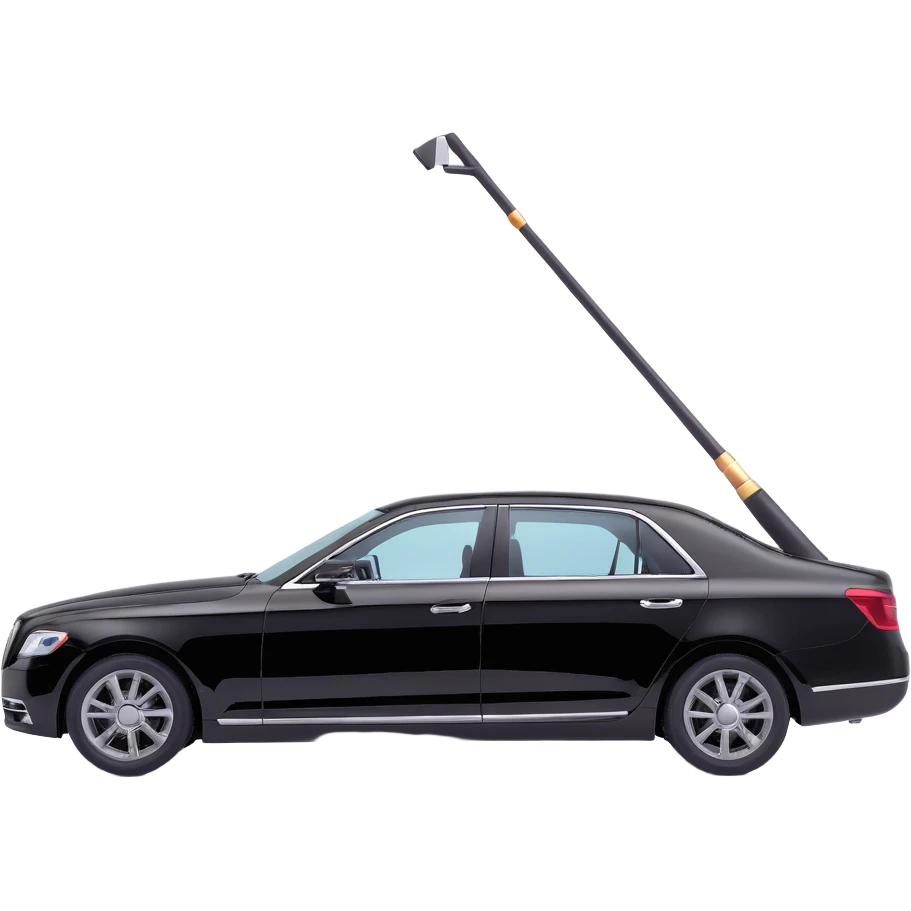 luxury black car resembling Porsche or BMW, with a hammer and a rod forming an X, floating and touching the rear right corner of the car's bodywork, a long rectangular reflection lamp illuminating the upper part of the door, elegant and modern emoji