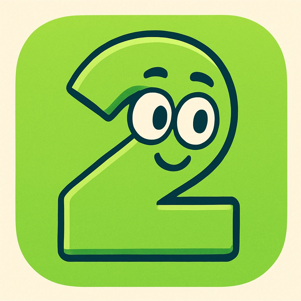 modern app icon featuring the number 2 in the style of Duolingo, playful rounded shapes, bright green color, simple friendly design emoji