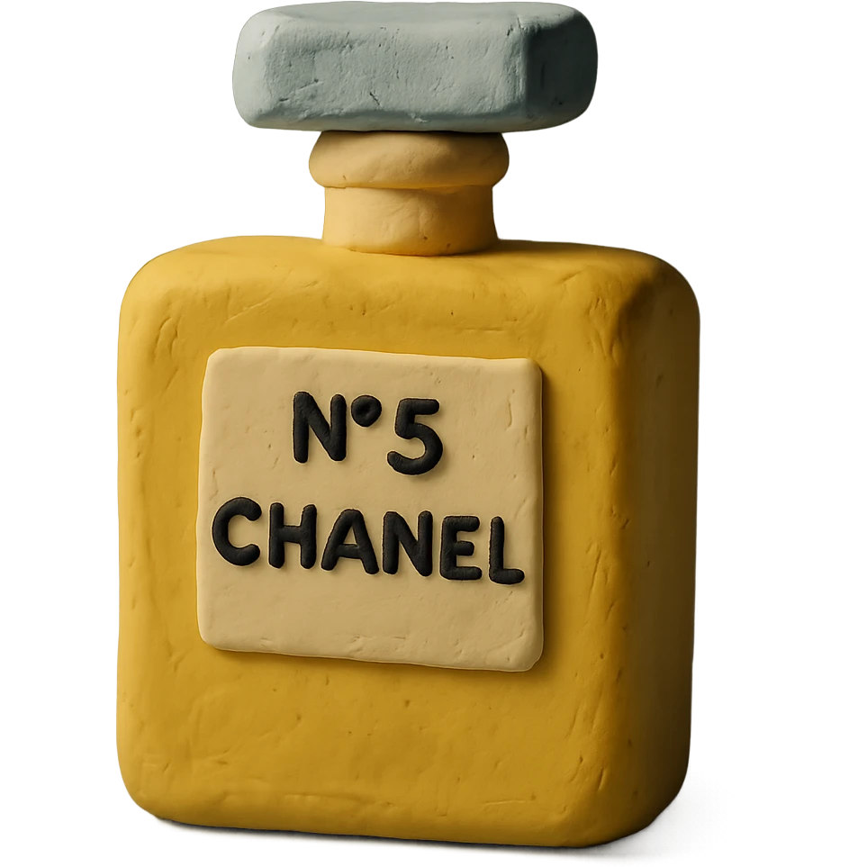 Chanel perfume bottle in a claymation style, soft matte texture, playful details emoji