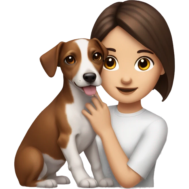 brunette girl with brown eyes holds a puppy Jack Russell dog with brown eyes emoji