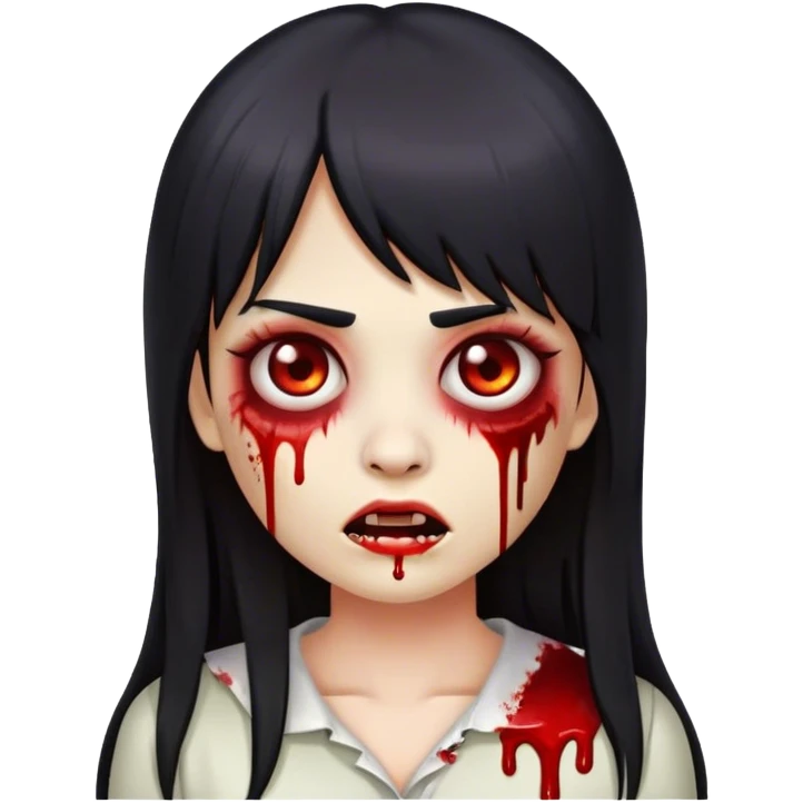 emoji de zombie feminino com sangue, cabelo liso reto com franja reta preta longo emoji