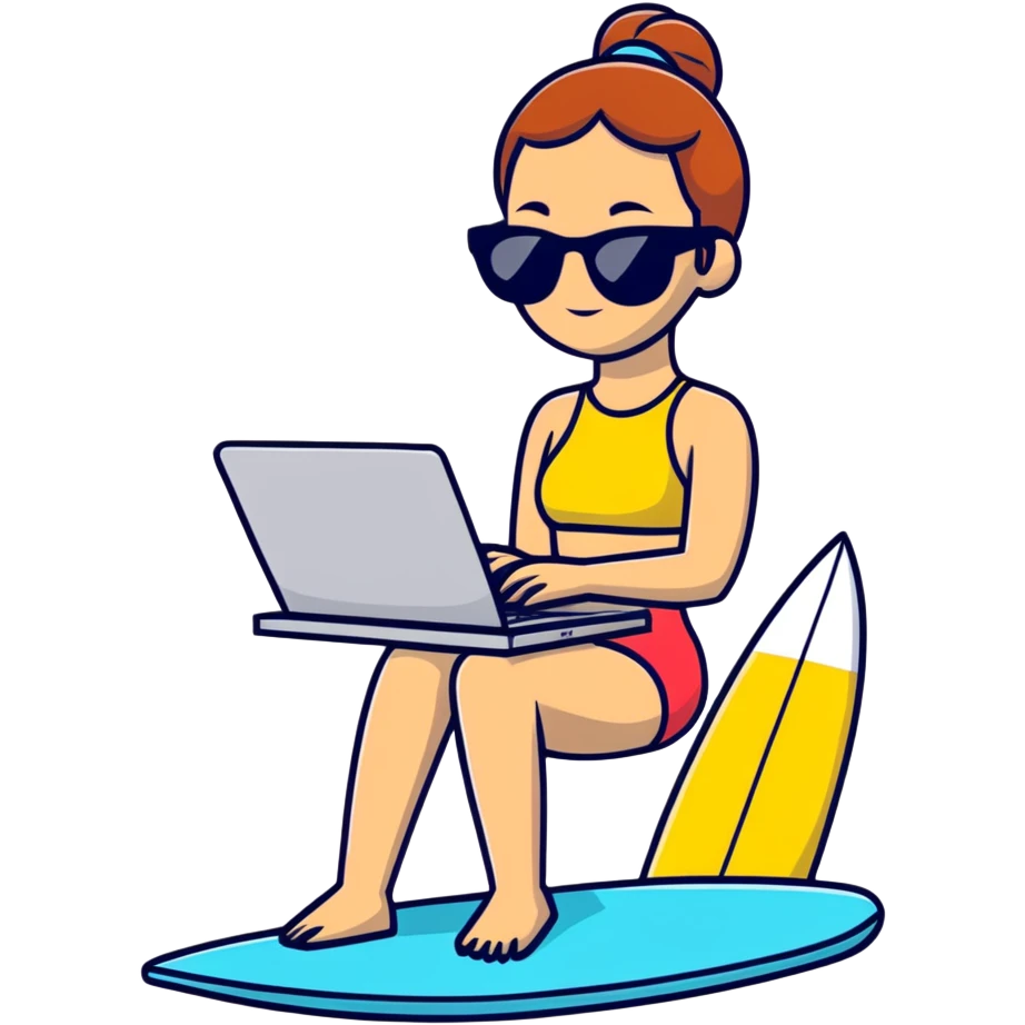 a woman wearing sunglasses standing on a surfboard while working on her laptop emoji