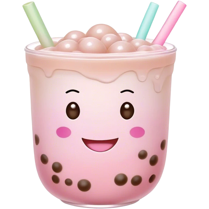 Cute Kawaii Boba Tea Cup, with a happy smiling face, chubby round shape, pastel pink and brown colors, soft glowing highlights, adorable tapioca pearls floating inside, sparkling eyes full of joy! emoji