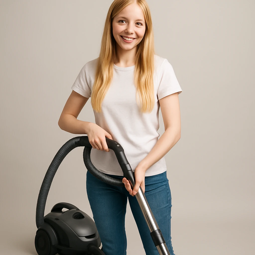 white girl with blonde hair holding a vacuum cleaner, style 1 emoji
