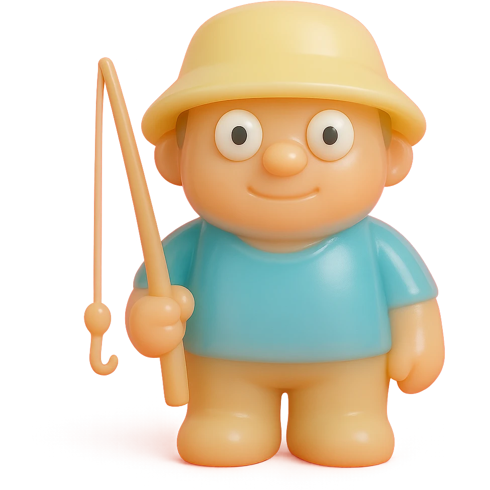 hyper-detailed retro 90's toy style semi-transparent soft plastic fisherman with derpy eyes natural colors tan skin blue shirt yellow hat no tag no background soft reflections soft and squishy some cloudiness not shiny highly detailed appealing emoji