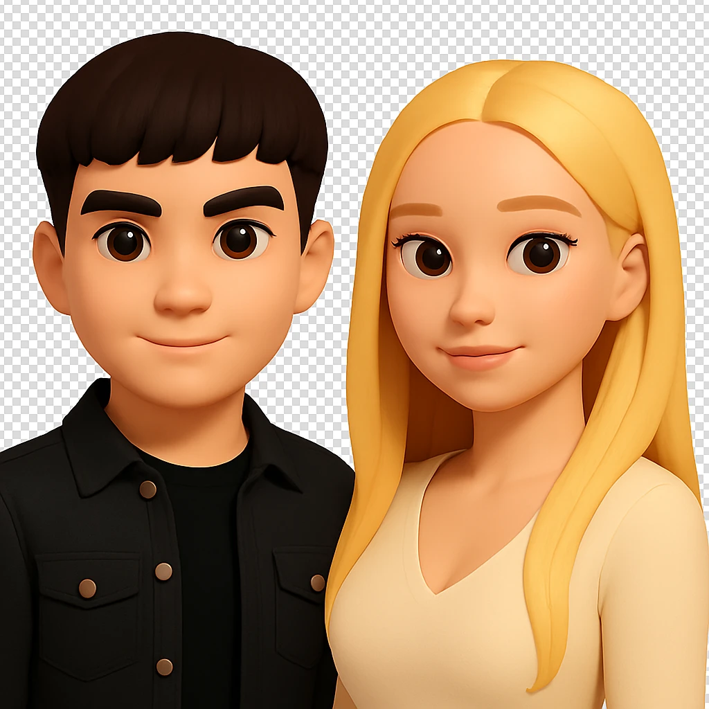 Slightly increase the volume of the upper body of the girl, separate the girl and the boy from each other, and make the skin color the same for both characters. Maintain the cartoon style and transparent background as in the original image. emoji