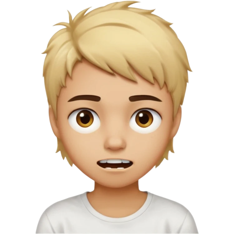 caramel skin color. Teen age. Short buzz, messy blonde hair, dark brown bushy eyebrows large expressive golden-brown eyes, brown skin color, scar over nose, wearing a plain white t-shirt. Mouth expression showing teeth emoji