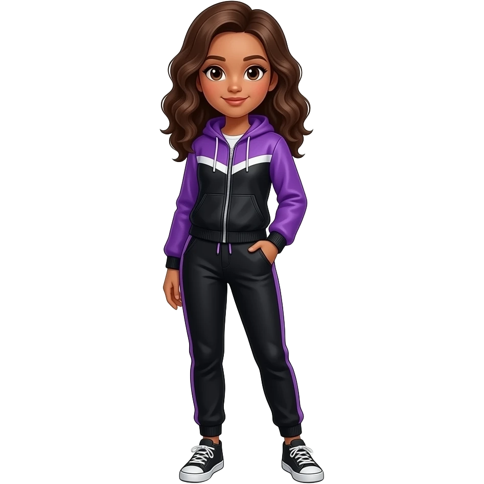 girl in black and purple tracksuit full body pose - brown hair a little darker skin tone emoji