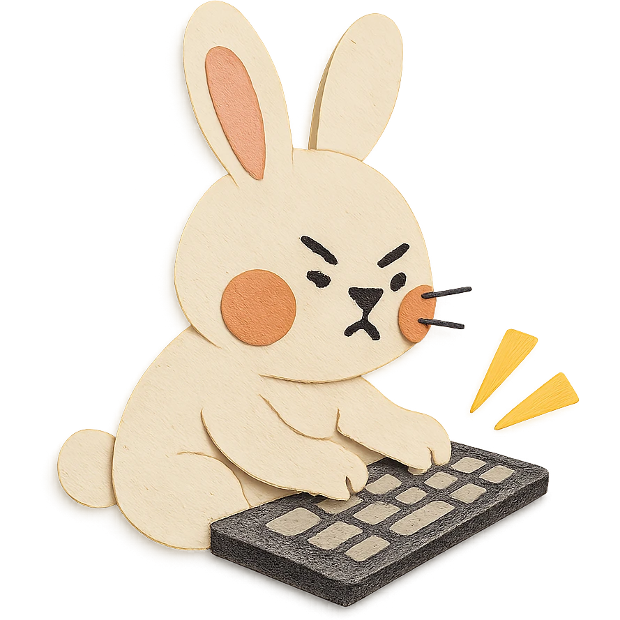 full-body vanilla bunny typing fast on a keyboard, cheeks puffed, paper-craft style emoji