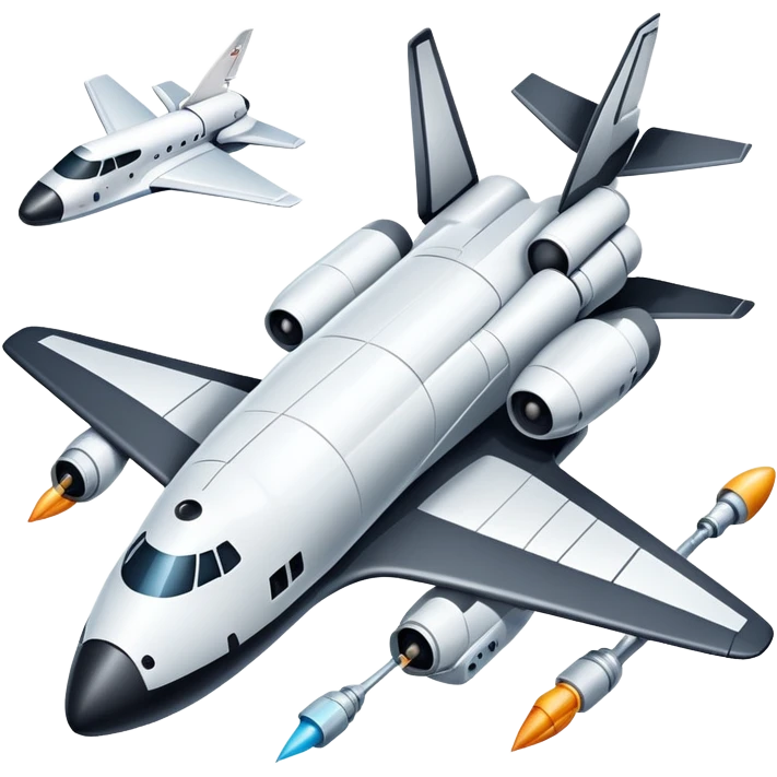 An icon featuring a space shuttle, a drone, and an airplane, symbolizing aerospace technology. The design includes rockets, flight paths, and satellites, representing space exploration and aviation. Transparent background highlights the cutting-edge technologies in air and space travel emoji